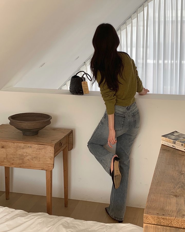 I'm here - Korean Women Fashion - #vintageinspired - Straight Fit Gray Bootcut Denim Jeans - 5