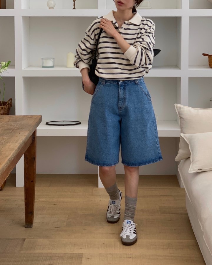 I'm here - Korean Women Fashion - #vintagekidsstyle - Diagonal Bermuda Denim Shorts - 5