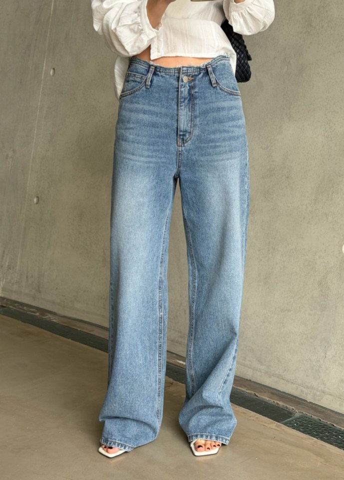 I'm here - Korean Women Fashion - #womensfashion - Muobi Mid Blue Wide Denim Pants