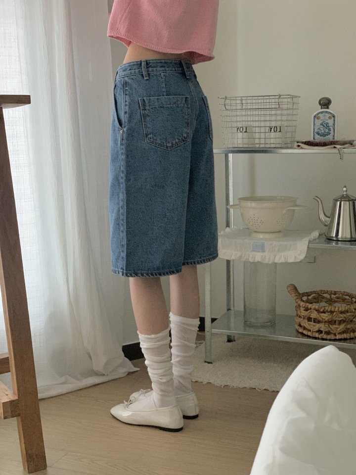 I'm here - Korean Women Fashion - #momslook - Diagonal Bermuda Denim Shorts - 4