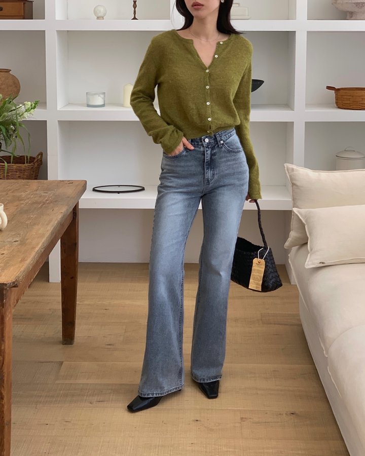 I'm here - Korean Women Fashion - #momslook - Straight Fit Gray Bootcut Denim Jeans - 4
