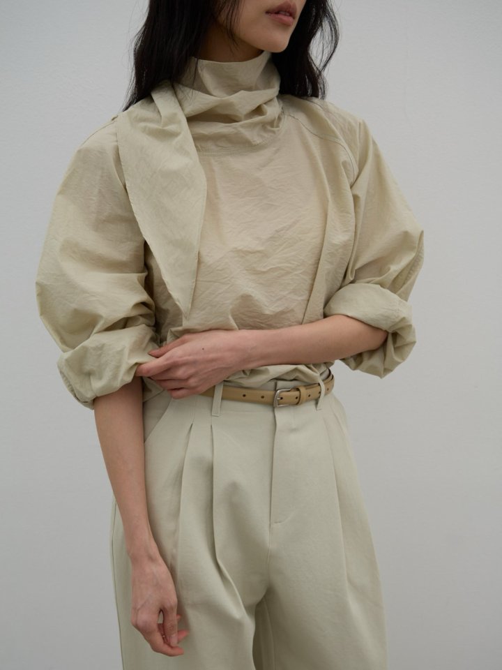 Lenoii - Korean Women Fashion - #momslook - Cotton High Neck Tie Blouse