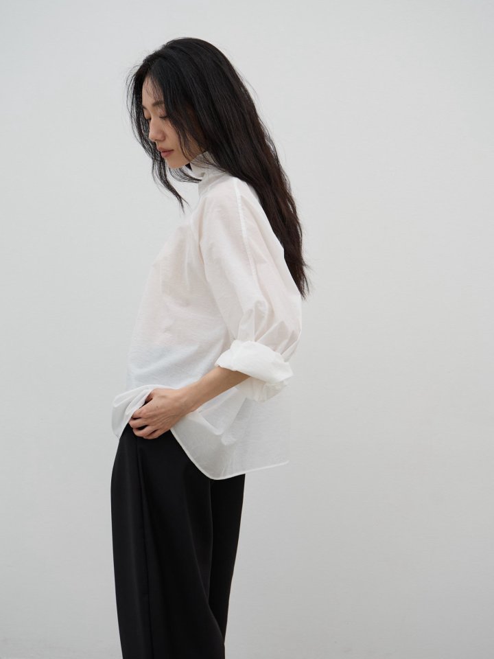 Lenoii - Korean Women Fashion - #momslook - Cotton High Neck Tie Blouse - 7