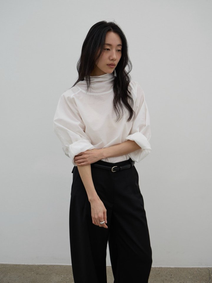 Lenoii - Korean Women Fashion - #momslook - Cotton High Neck Tie Blouse - 8