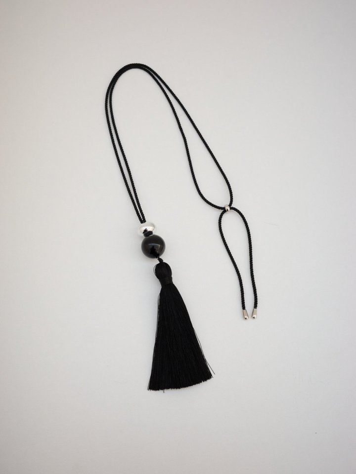 Lenoii - Korean Women Fashion - #momslook - Onyx Silver Ball Tassel Long Necklace