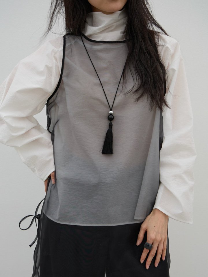 Lenoii - Korean Women Fashion - #momslook - Onyx Silver Ball Tassel Long Necklace - 2