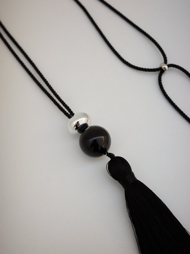 Lenoii - Korean Women Fashion - #shopsmall - Onyx Silver Ball Tassel Long Necklace - 9