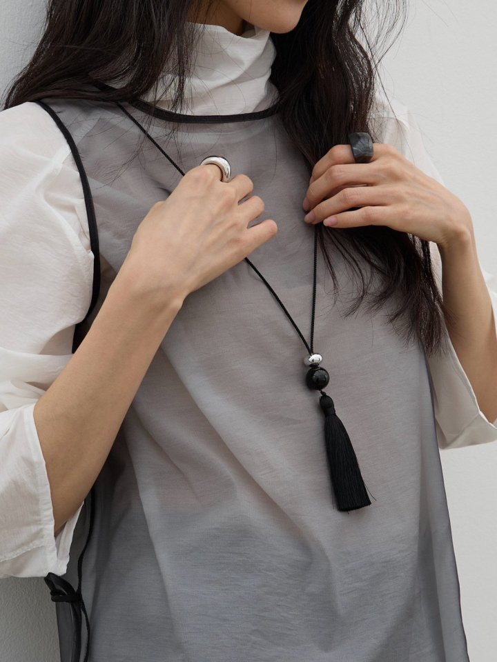 Lenoii - Korean Women Fashion - #womensfashion - Onyx Silver Ball Tassel Long Necklace - 3