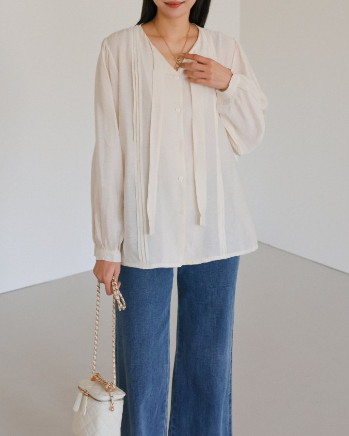 Lovely - Korean Women Fashion - #womensfashion - Tie Pintuck Blouse - 5