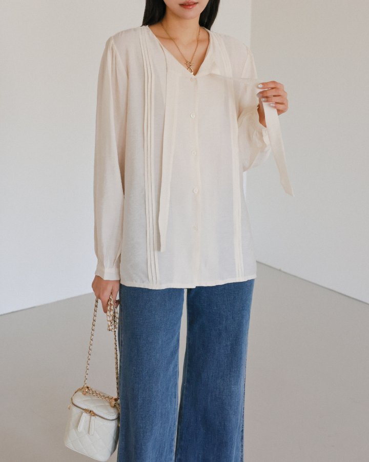Lovely - Korean Women Fashion - #womensfashion - Tie Pintuck Blouse - 7