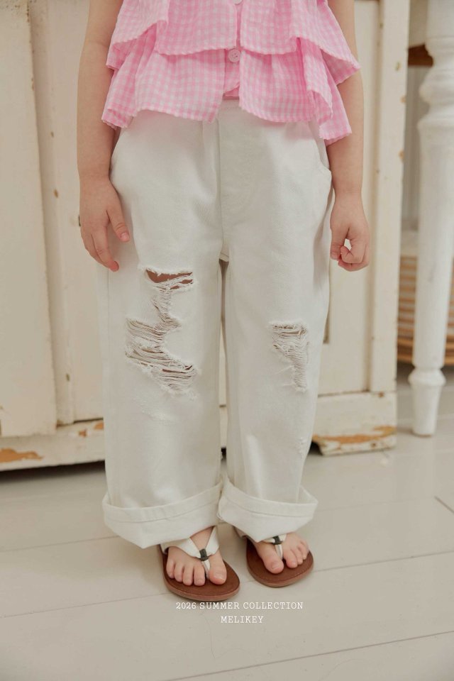 Melikey - Korean Children Fashion - #childrensboutique - Folding Vintage Denim Pants (Ivory) - 3