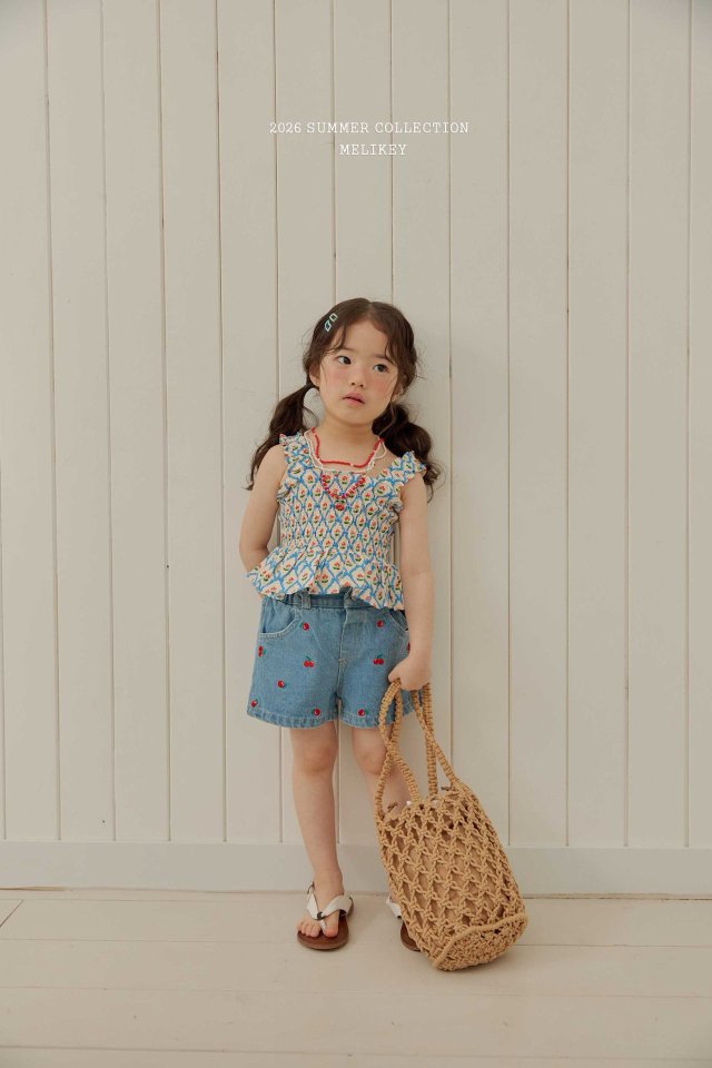 Melikey - Korean Children Fashion - #kidsshorts - Cherry Ribbon Tuck Blouse - 6