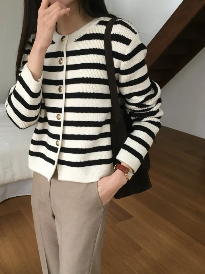 Moani - Korean Women Fashion - #momslook - French Stripe Cardigan - 7