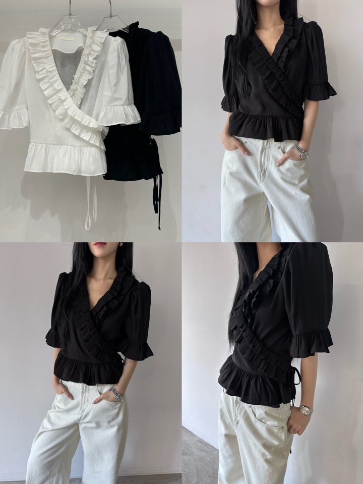 Neroli36 - Korean Women Fashion - #vintageinspired - Frill Wrap Blouse - 4