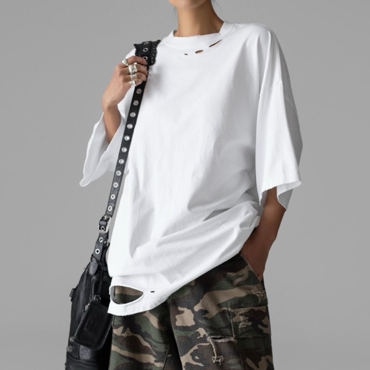 Paper Moon - Korean Women Fashion - #momslook - Oversized Pigment Cutted Detail Tee