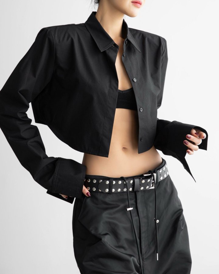 Paper Moon - Korean Women Fashion - #momslook - Classic Shoulder Pad Cropped Button Down Shirt - 3