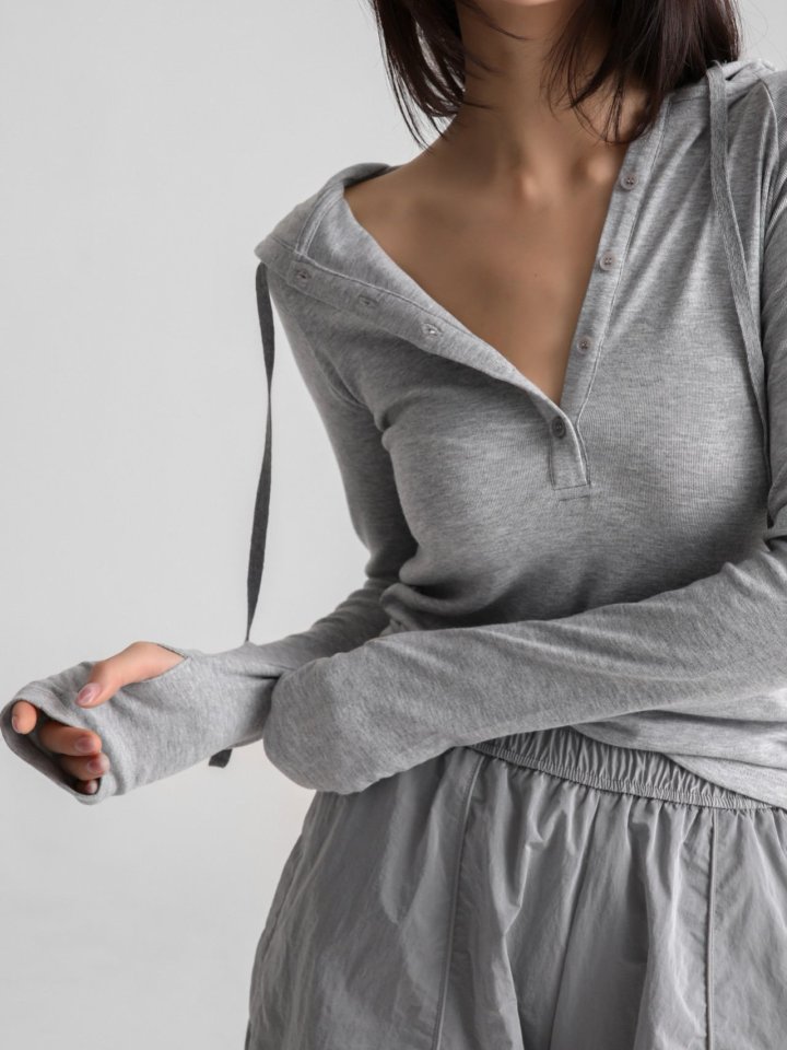 Paper Moon - Korean Women Fashion - #vintagekidsstyle - Finger Hall Sleeved Button Point Jersey Hoodie - 4