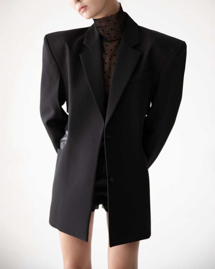 Paper Moon - Korean Women Fashion - #vintagekidsstyle - Squared Shoulder Cut Out Waist Detail Minimal Blazer - 4