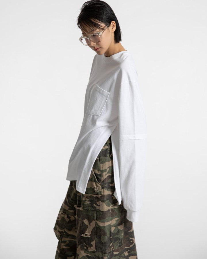 Paper Moon - Korean Women Fashion - #romanticstyle - Layered Sleeve Side Slit Tee - 3
