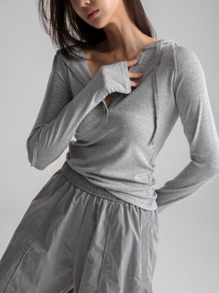 Paper Moon - Korean Women Fashion - #vintageinspired - Finger Hall Sleeved Button Point Jersey Hoodie - 2