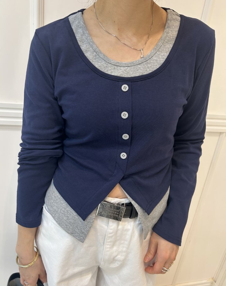 Pearls room - Korean Women Fashion - #momslook - Double Button Span Tee