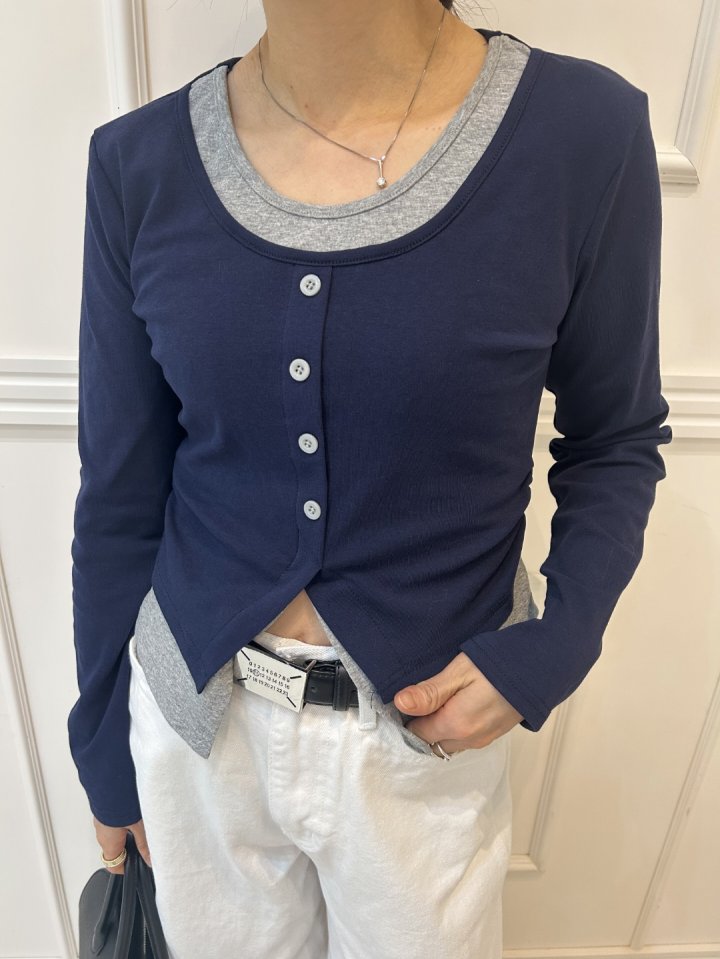 Pearls room - Korean Women Fashion - #momslook - Double Button Span Tee - 3