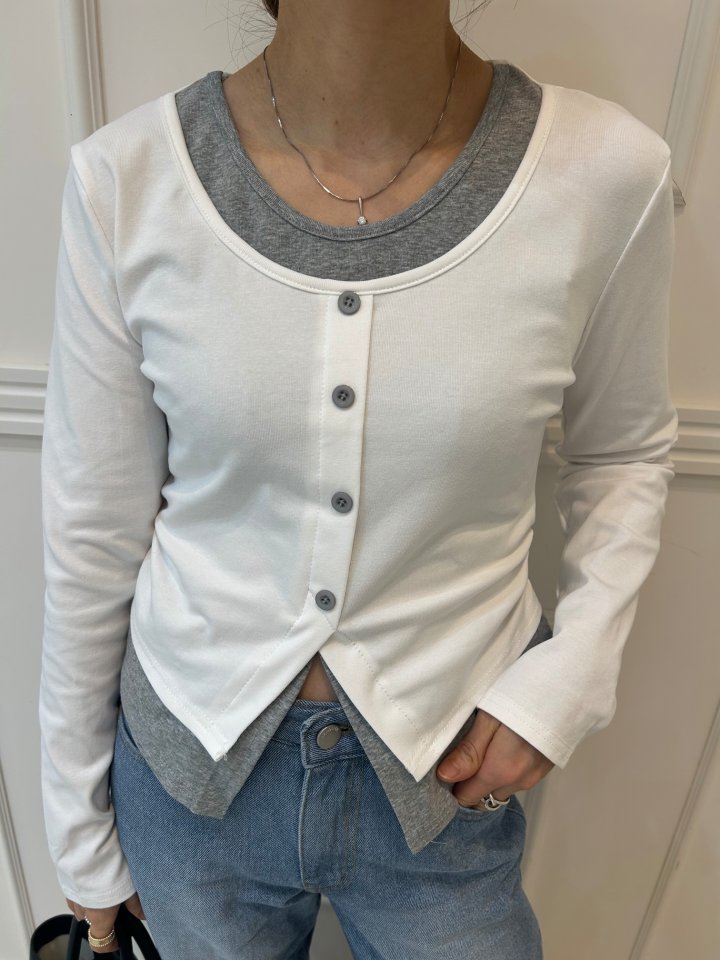 Pearls room - Korean Women Fashion - #momslook - Double Button Span Tee - 7