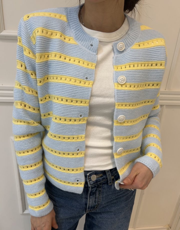 Pearls room - Korean Women Fashion - #momslook - Punching Stripe Cardigan - 2