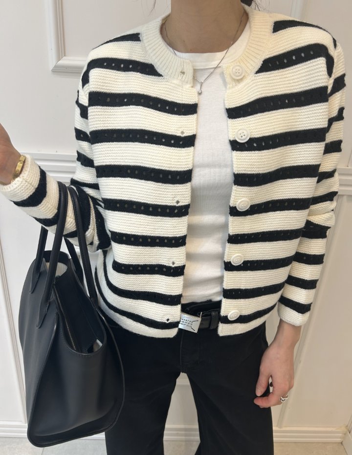 Pearls room - Korean Women Fashion - #momslook - Punching Stripe Cardigan - 8
