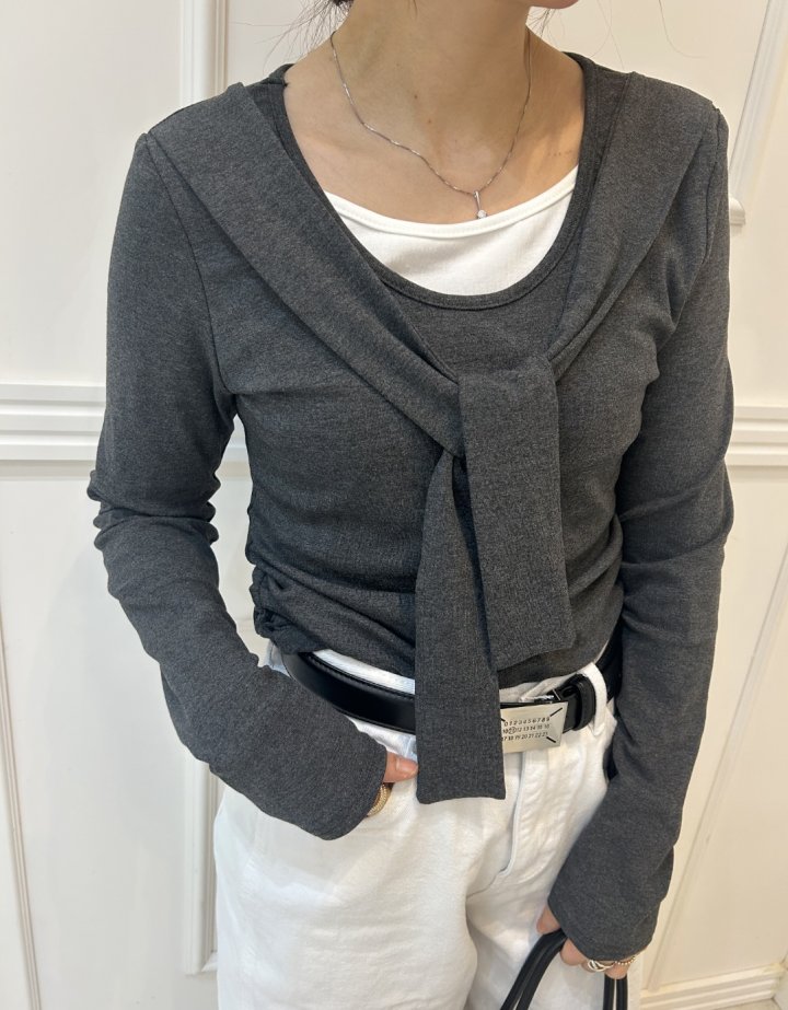 Pearls room - Korean Women Fashion - #momslook - Double Shawl Tee - 11