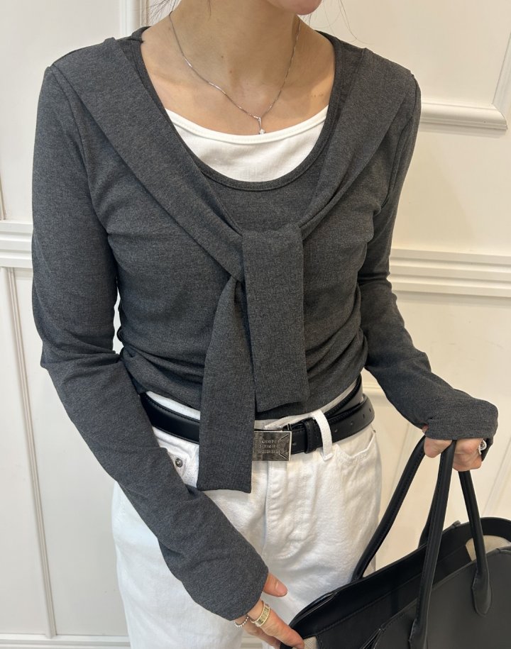 Pearls room - Korean Women Fashion - #momslook - Double Shawl Tee - 9