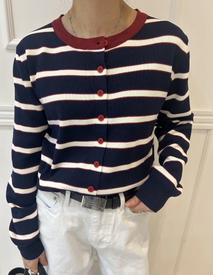Pearls room - Korean Women Fashion - #momslook - Two-Tone Stripe Cardigan