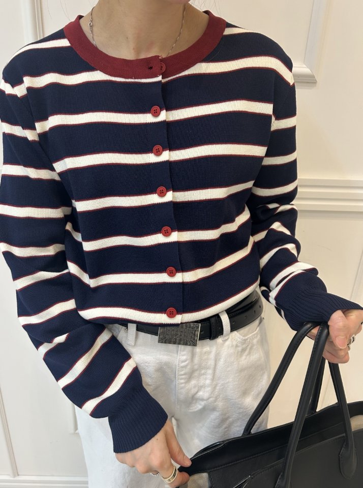 Pearls room - Korean Women Fashion - #momslook - Two-Tone Stripe Cardigan - 3