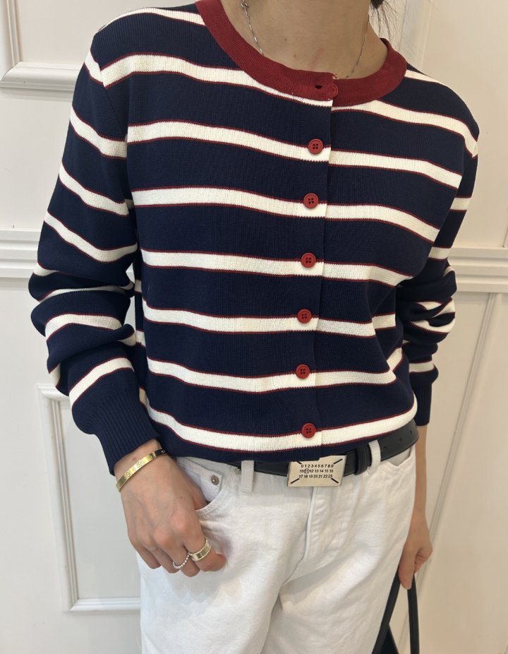 Pearls room - Korean Women Fashion - #momslook - Two-Tone Stripe Cardigan - 5