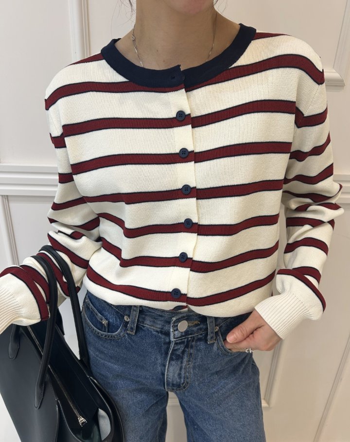 Pearls room - Korean Women Fashion - #momslook - Two-Tone Stripe Cardigan - 8