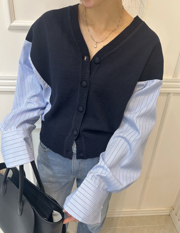 Pearls room - Korean Women Fashion - #momslook - Contrast Knit Cardigan - 3