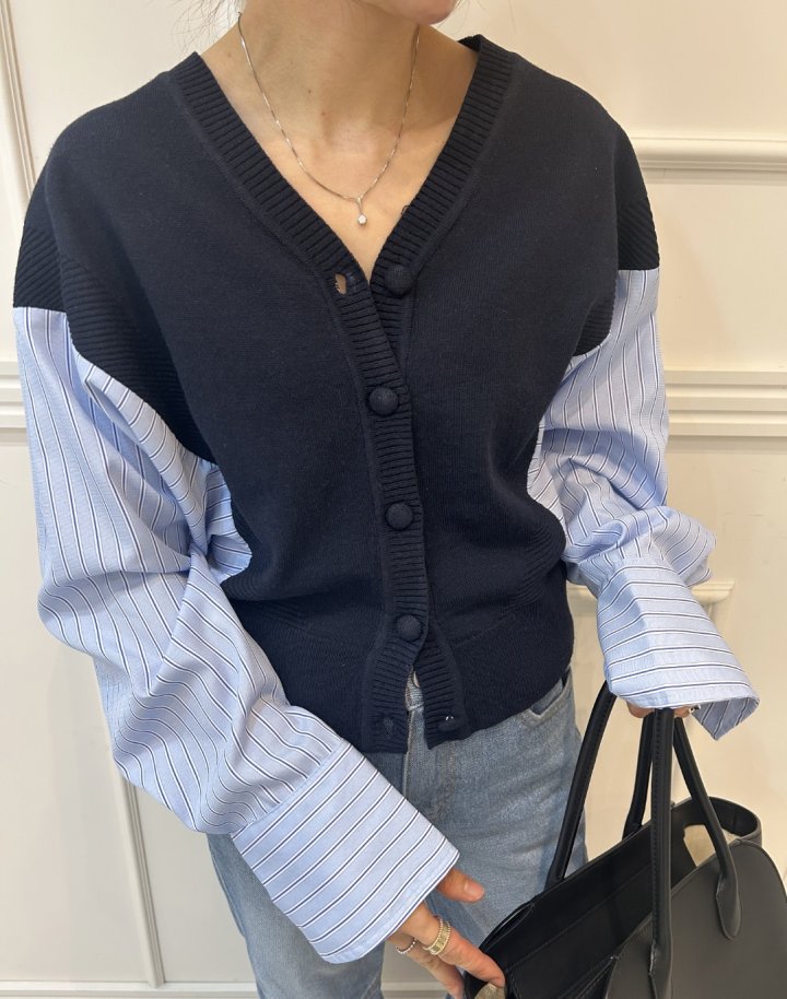 Pearls room - Korean Women Fashion - #momslook - Contrast Knit Cardigan - 5