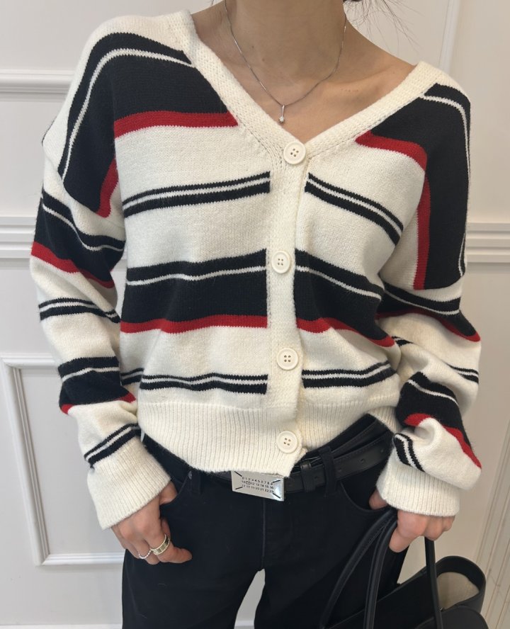 Pearls room - Korean Women Fashion - #momslook - Irregular Stripe Cardigan - 2
