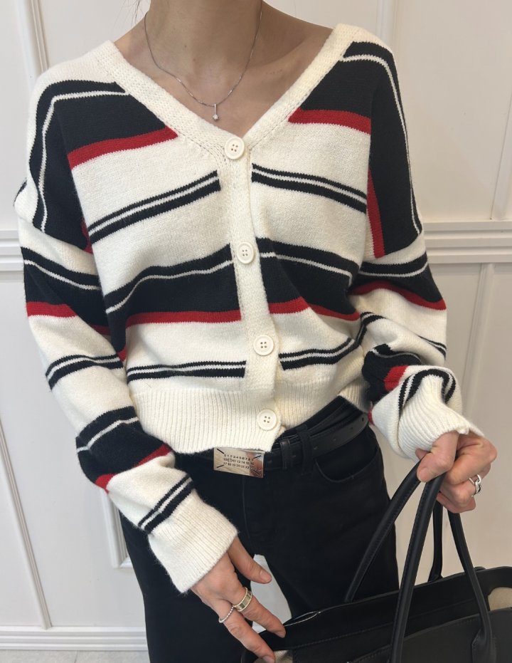 Pearls room - Korean Women Fashion - #momslook - Irregular Stripe Cardigan - 3