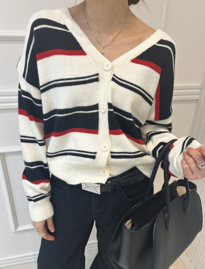 Pearls room - Korean Women Fashion - #momslook - Irregular Stripe Cardigan - 4