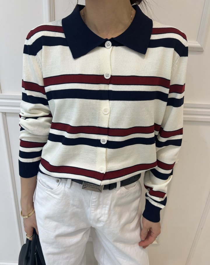Pearls room - Korean Women Fashion - #momslook - Stripe Collar Knit Top