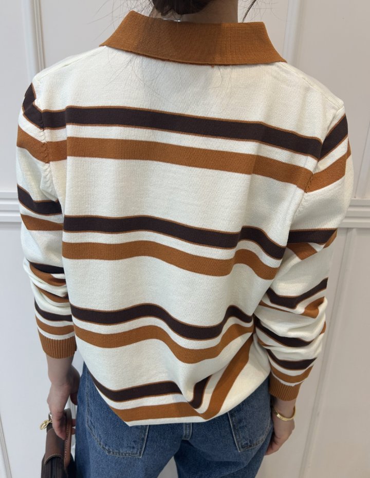 Pearls room - Korean Women Fashion - #momslook - Stripe Collar Knit Top - 12