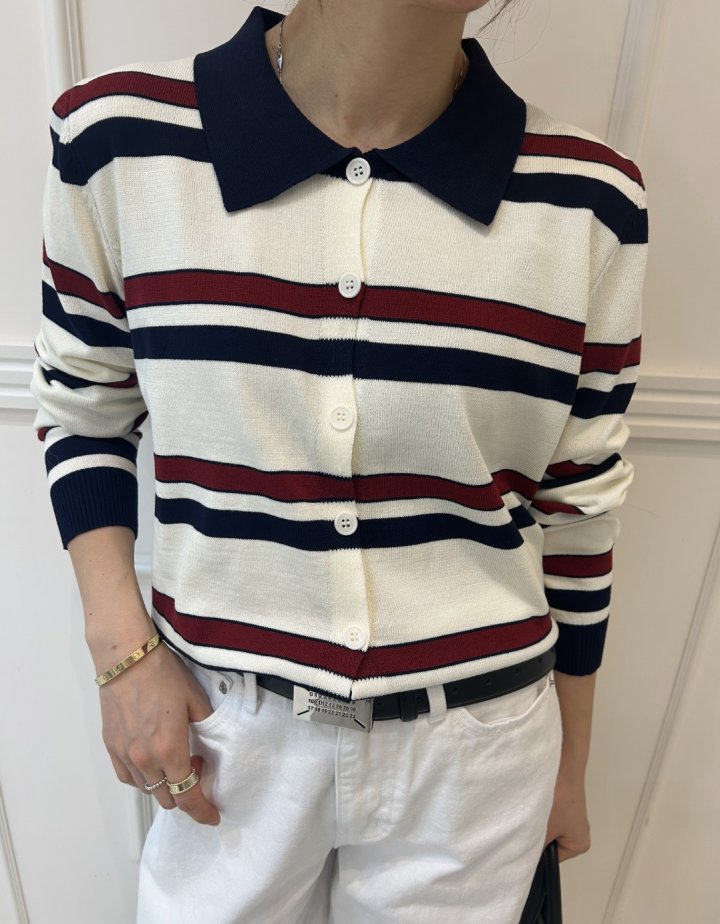 Pearls room - Korean Women Fashion - #momslook - Stripe Collar Knit Top - 2