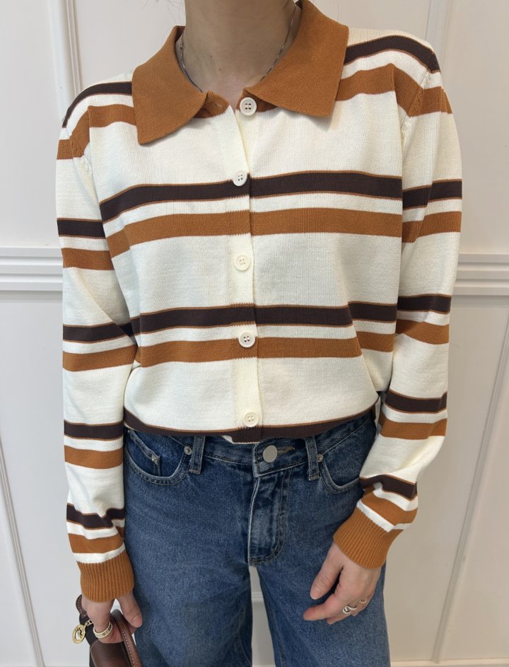 Pearls room - Korean Women Fashion - #restrostyle - Stripe Collar Knit Top - 7