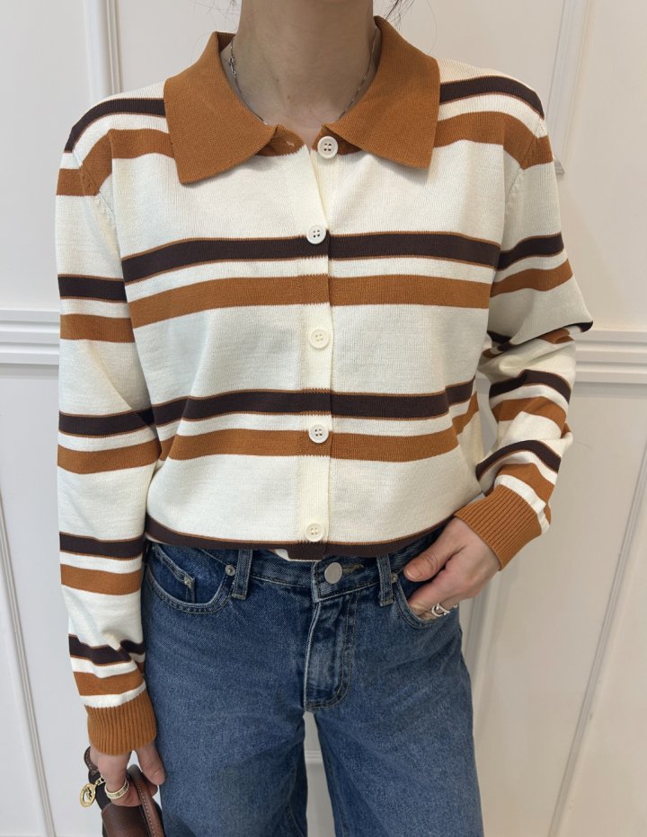 Pearls room - Korean Women Fashion - #romanticstyle - Stripe Collar Knit Top - 8