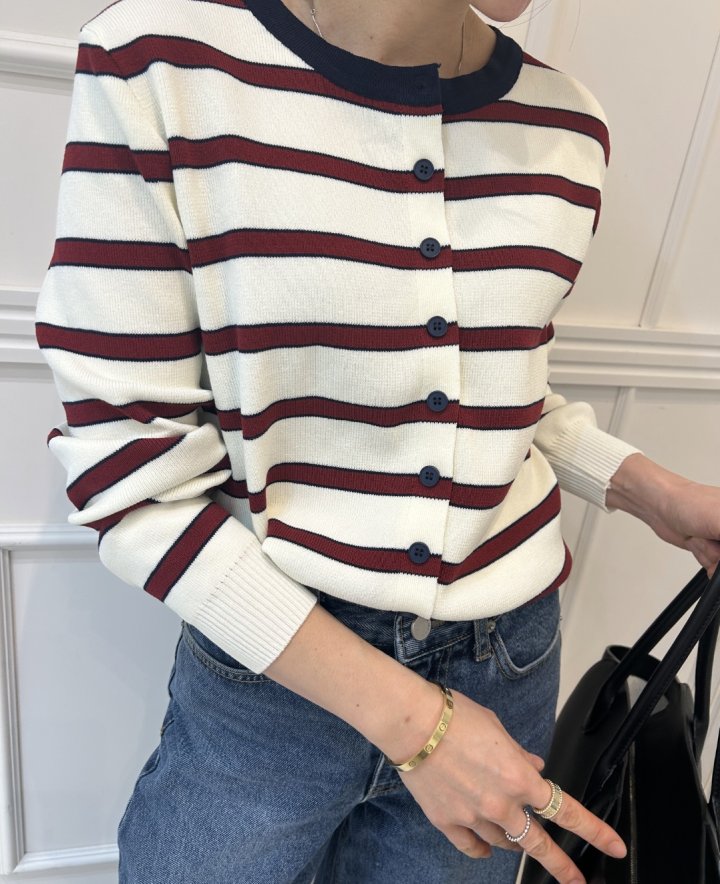 Pearls room - Korean Women Fashion - #vintageinspired - Two-Tone Stripe Cardigan - 11