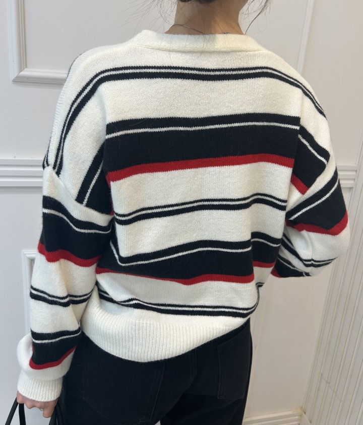 Pearls room - Korean Women Fashion - #vintageinspired - Irregular Stripe Cardigan - 6