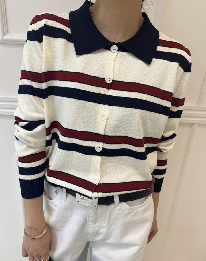 Pearls room - Korean Women Fashion - #womensfashion - Stripe Collar Knit Top - 4