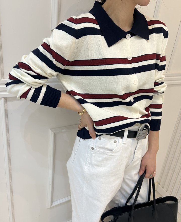 Pearls room - Korean Women Fashion - #vintagekidsstyle - Stripe Collar Knit Top - 5