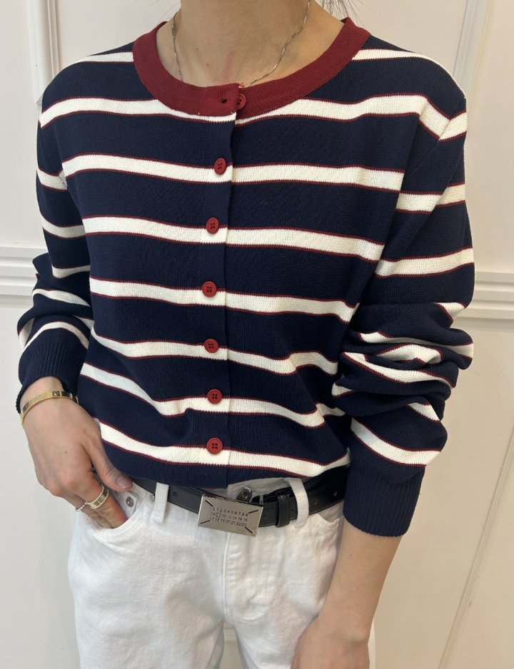 Pearls room - Korean Women Fashion - #momslook - Two-Tone Stripe Cardigan - 4